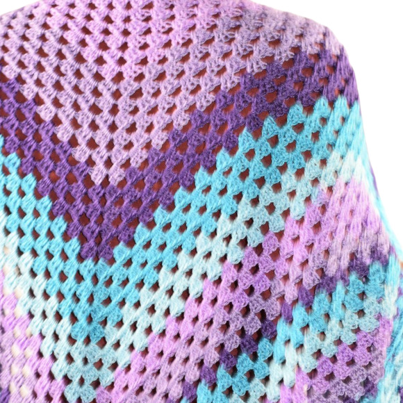 Hand Knit Crochet Shawl Blue Ombre Blanket Wrap Triangle Granny Squares One Size - Picture 5 of 16